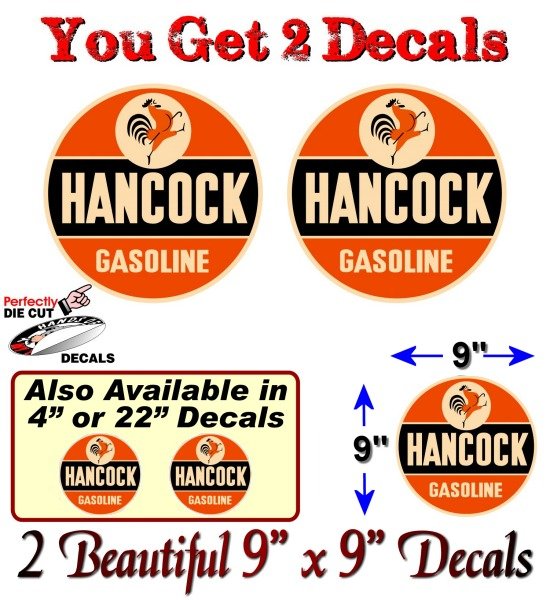 (2) Vintage Hancock Gasoline Antique Gas Pump Decals-Street Legal Decals